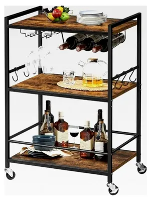 Produktbild von Servierwagen mit Weinregal und Glashaltern – Metall und Holz – 60×33×83 cm