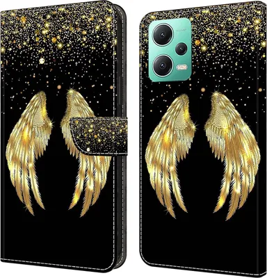Produktbild von CLM-Tech Hülle kompatibel mit Xiaomi Redmi Note 12 5G - Tasche aus Kunstleder - Klapphülle mit Ständer und Kartenfächern, schwarz - goldene Flügel
