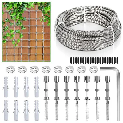 Produktbild von Faziango Edelstahl Rankhilfe Drahtseil Set 12m x 3mm – Pflanzen Kletterhilfe Seilsystem für Garten mit Kreuzklemmen & Dübeln