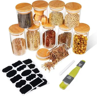 Productafbeelding van Unyqoos® voorraadpotten, 10-delig – 5x 250 ml en 5x 350 ml, gemaakt van borosilicaatglas met bamboe deksels (met siliconenrand), luchtdicht, BPA-vrij, geschikt voor kruiden en thee, inclusief etiketten en een maatlepel
