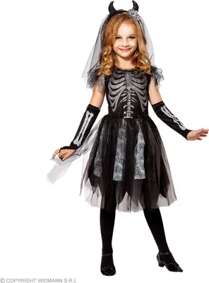 Produktbild von Teufelsbraut Kinderkostüm - Skelett Kleid mit Schleier | Grau Schwarz Größe: 158
