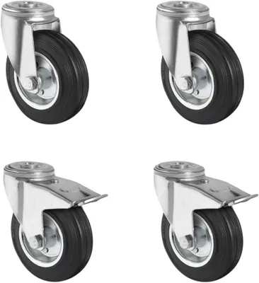 Produktbild von Rollensatz mit 2 Rückenlochlenkrollen und 2 Feststellrollen, Stahlfelge, Vollgummi, Durchmesser 100 mm, Transportrollen, Traglast 225 kg (4er Set)