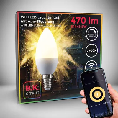 Immagine prodotto di Lampadina LED smart E14, dimmerabile con lo smartphone, luce calda 2700K, funziona con App per iOS e Android, Amazon Alexa, Google Home, lampadina Wi-Fi 5.5W 470Lm, attacco piccolo E14