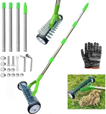 Immagine prodotto di Supporto per verticutter con rulli, verticutter a rastrello con manico da 165 cm, aeratore per prato con ruote, rastrello da giardino in metallo, removibile