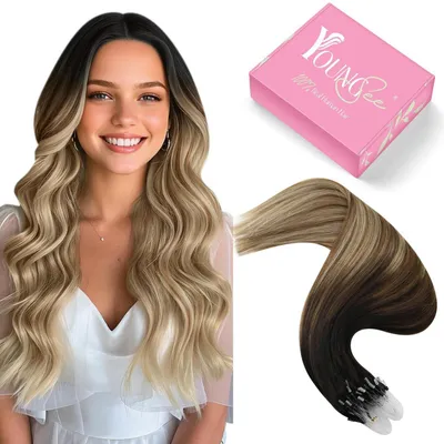 Obrázek produktu pro Prodlužování vlasů, přírodní vlasy, mikroprstence, balayage, hnědá a blond, 40 cm, 50 g