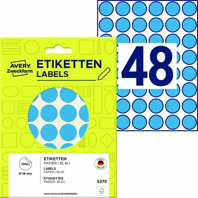 Produktbild von Avery Zweckform 3375, Markierungspunkte, ? 18 mm, 1.056 Markierungspunkte / 22 Bögen, Blau