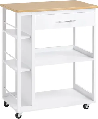 Productafbeelding van Serveerwagen - Keukenwagen - 3 lades - 2 plateaus - Werkblad - Wielen met rem - 73 x 88 x 38 cm - Wit