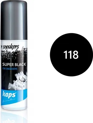 A product shot of a black shoe polish spray can next to a black circle with the number 118.