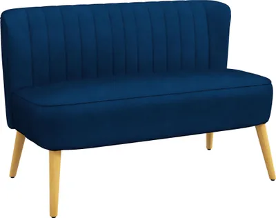 Zdjęcie produktu dla Sofa dwuosobowa HOMCOM, mała sofa dwuosobowa z aksamitnym wykończeniem, nowoczesna tapicerowana sofa do salonu, sypialni, małej przestrzeni, niebieska, 117 x 56,5 x 77 cm