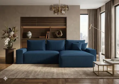 Produktbild von CORNERO Ecksofa mit Schlaffunktion CALIFORNIA in L-Form mit Bettkasten Sofa mit Schlaffunktion Couch mit Stauraum Dunkelblau Ottomane rechts