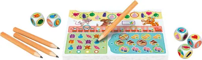 A collection of game components including dice, pencils, and a game board, arranged on a white background.