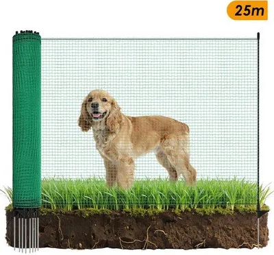 Obrázok produktu pre Zelená drôtená ohrada pre zvieratá 115 x 2500 cm – s kolíkmi a izolovanými svorkami – flexibilná ohrada pre sliepky alebo králiky