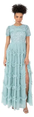 Produktbild von Maya Deluxe Damen Maxikleid, Rundhalsausschnitt, kurze Puffärmel, mit Pailletten