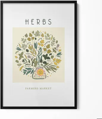 Produktbild von Illustration von Kräutern– Wandbild mit Rahmen – Gerahmtes Bild  – Wanddekoration – 70x100 cm –  Schwarz Rahmen