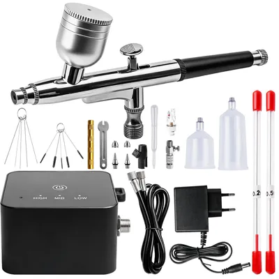 Productafbeelding van Draagbare airbrushset 25 PSI met compressor, inclusief dubbele werking airbrush en reinigingsaccessoires