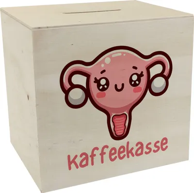 Produktbild von Gebärmutter Kawaii Spardose aus Holz mit Spruch Kaffeekasse
