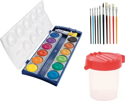 Produktbild von Malset - Pelikan 12er Deckfarbkasten 735K/12 + Deckweiß, 10 Pinsel, Pinselbecher
