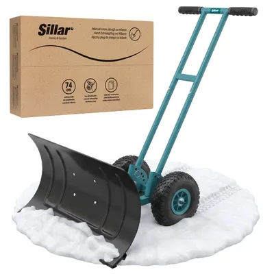 Produktbild von Sillar Schneeschieber mit Rädern 74 cm – Manueller Schneepflug mit verstellbarem Räumschild