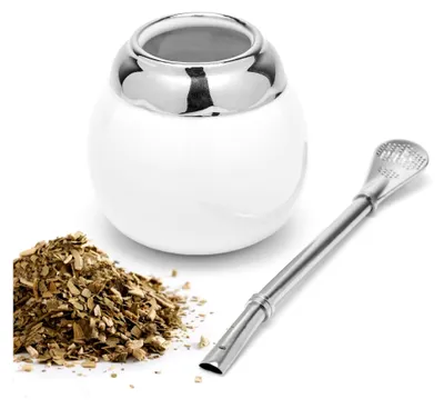 Produktbild von Keramik Yerba Mate Tee Set (Mate Becher - 200 ml) | Inklusive 1 Bombilla (Strohhalm) für Mate | Mate Set Leicht zu Reinigen und Sehr Widerstandsfähig (Weiß)