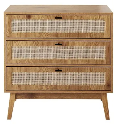 Image de CALICOSY - Commode 3 tiroirs avec façades en rotin et pieds en bois L80 cm - ALIA