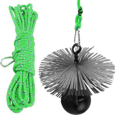 A chimney cleaning brush with a weight and rope, laid out on a white background.