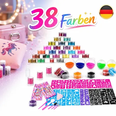Produktbild von Mehrfarbig Glitzer Tattoo Set 150 Schablonen 38 Farben 5 Pinsel Wasserdicht