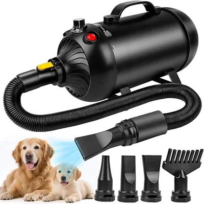 Image de Sèche-cheveux professionnel pour chiens, séchoir à poils silencieux, 2000 W, avec 4 buses, élimine 99,99 % des poils d'animaux, température et vitesse réglables