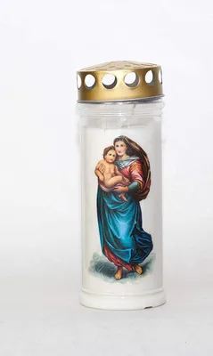 Produktbild von Grabkerze Wochenbrenner mit Deckel und Motiv Auswahl, 7 Tage Brenndauer, Madonna 12 Stück