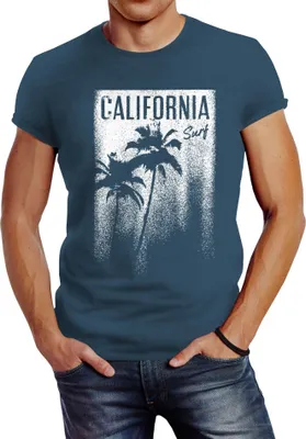 Produktbild von Herren T-Shirt California Surf Palmen Slim Fit Neverless® denim blue XL