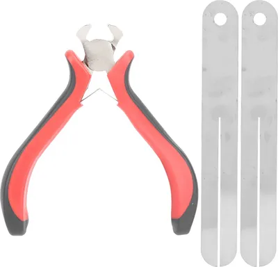 A pair of guitar pliers and two metal strips are displayed against a white background.