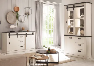 Produktbild von Wohn- und Esszimmer Set "Stove" in weiß Pinie Wohnkombination 2-teilig mit Vitrine und Sideboard
