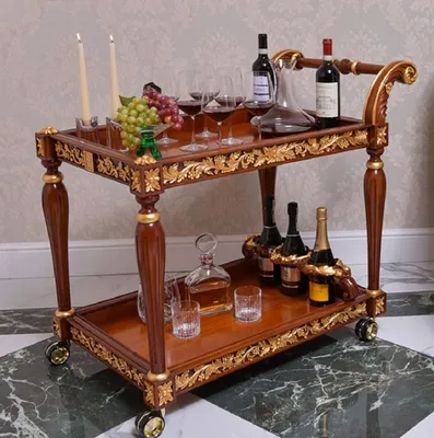 Luxus Barock Massivholz Trolley Servierwagen Braun Gold