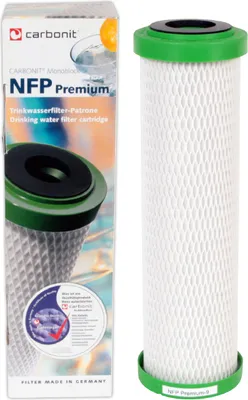 A product shot of a water filter cartridge and its packaging.