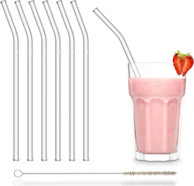 Produktbild von HALM Glasstrohhalme gebogen 6 Stück 23 cm mit Knick + plastikfreie Reinigungsbürste Spülmaschinenfest Wiederverwendbarer Strohhalm Nachhaltige geknickte Glastrinkhalme