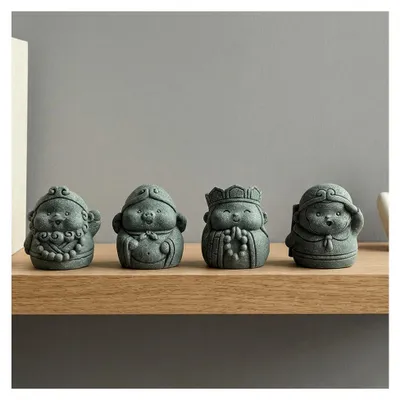 Produktbild von 4-Set Mini Buddha Figur klein, Deko Buddha Statue, kleine Buddha Skulpturen aus Sandstein - Dekorationsartikel für Innen & Außen, Blumentopf, Garten und Aquarium