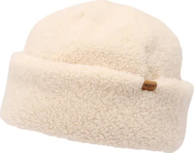 A close-up studio shot of a cream-colored fleece hat.
