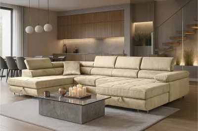 Produktbild von Sofiland Aller XXL U-Form Wohnlandschaft links mit Schlaffunktion und 2 Bettkästen, Creme