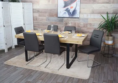 Image de lot de 6 chaises de salle à manger HWC-H70, chaise de cuisine à piétement luge, tissu/textile inox brossé ~ gris-brun
