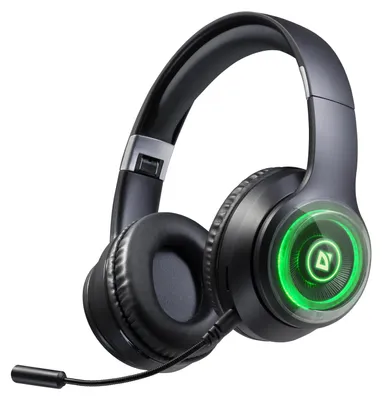 A product shot of a pair of black headphones with green LED lighting.