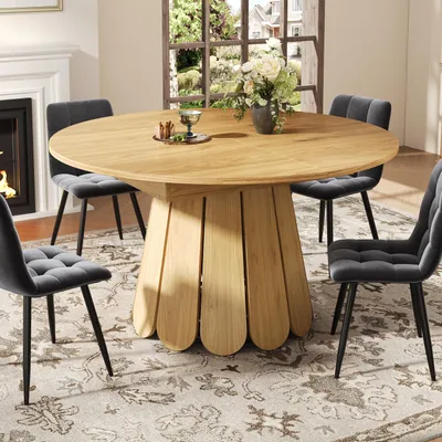 Image de OKWISH Table à manger ronde extensible en bois pour jusqu’à 6 personnes, table de cuisine avec pieds en forme de fleur, finition bois naturel