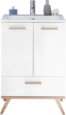 Produktbild von Badezimmer Waschtisch inkl. Waschbecken MALANJE-66 in weiß glänzend & Riviera Eiche quer Nb. - B/H/T: 61/89,5/46cm