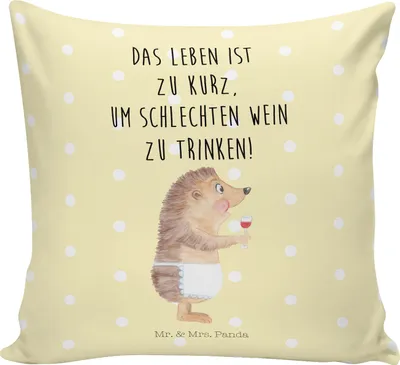Produktbild von Mr. & Mrs. Panda kissen für sofa Igel Wein - Gelb Pastell - Geschenk, Weißwein, Weinliebhaber, kuschelkissen 40x40, Deko, Sofakissen, bedruckt, Spruch, Weinglas, Rotwein