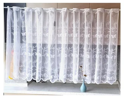 Produktbild von Scheibengardinen Jacquard Blumen Bordüre Gardine weiß Bistrogardine gebogt Breite 100cm Höhe 90cm Kurzgardinen kleine Scheibengardine Küchengardinen