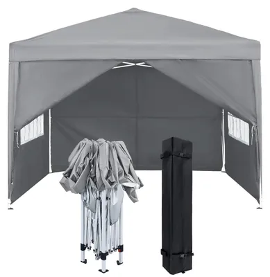 Obrázek produktu pro Skládací pavilón 3x3 metry se bočními stěnami a okny, šedá barva, polyester, voděodolný, ochrana proti UV záření