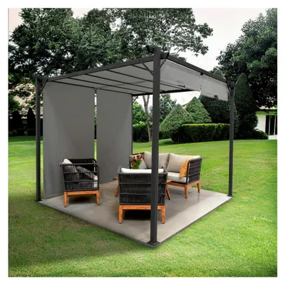Produktbild von Garten Pergola Pavillon Terrassendach mit verstellbarem Stoffdach - Grau, 2,9x2,9m - Stahl, wasserdichtes Sonnenschutz für Terrasse und freistehenden Grillpavillon