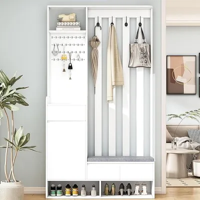 Productafbeelding van Moderne garderobekast voor de hal. Compacte garderobekast met een beklede zitbank en een schoenenkast. Multifunctionele garderobekast voor de entree. Garderobekast voor de hal met 4 haken, wit, 180x100x35 cm