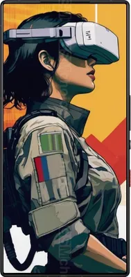 A stylized illustration of a woman wearing a VR headset and military-style clothing.