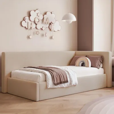 Produktbild von Eckbett Jugendbett Sampre 90x200 cm Latte Rechts Strukturstoff – Bettkasten, Metalllattenrost