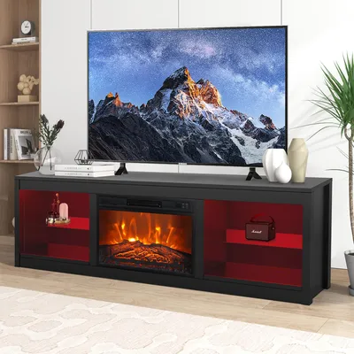 Produktbild von Parrot Uncle TV-Schrank für Fernseher bis 75 Zoll, MDF, Schwarz , mit 24" Elektrokamin und Farbwechselnde LED-Leiste, 168 x 42 x 56 cm, 54 kg Tragkraf