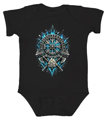 Productafbeelding van Vegvisir, Viking, wolf, bijl, Valknut, runen, Noords, Valhalla, Odin, Thor, babyromper, zwart, maat 12/18